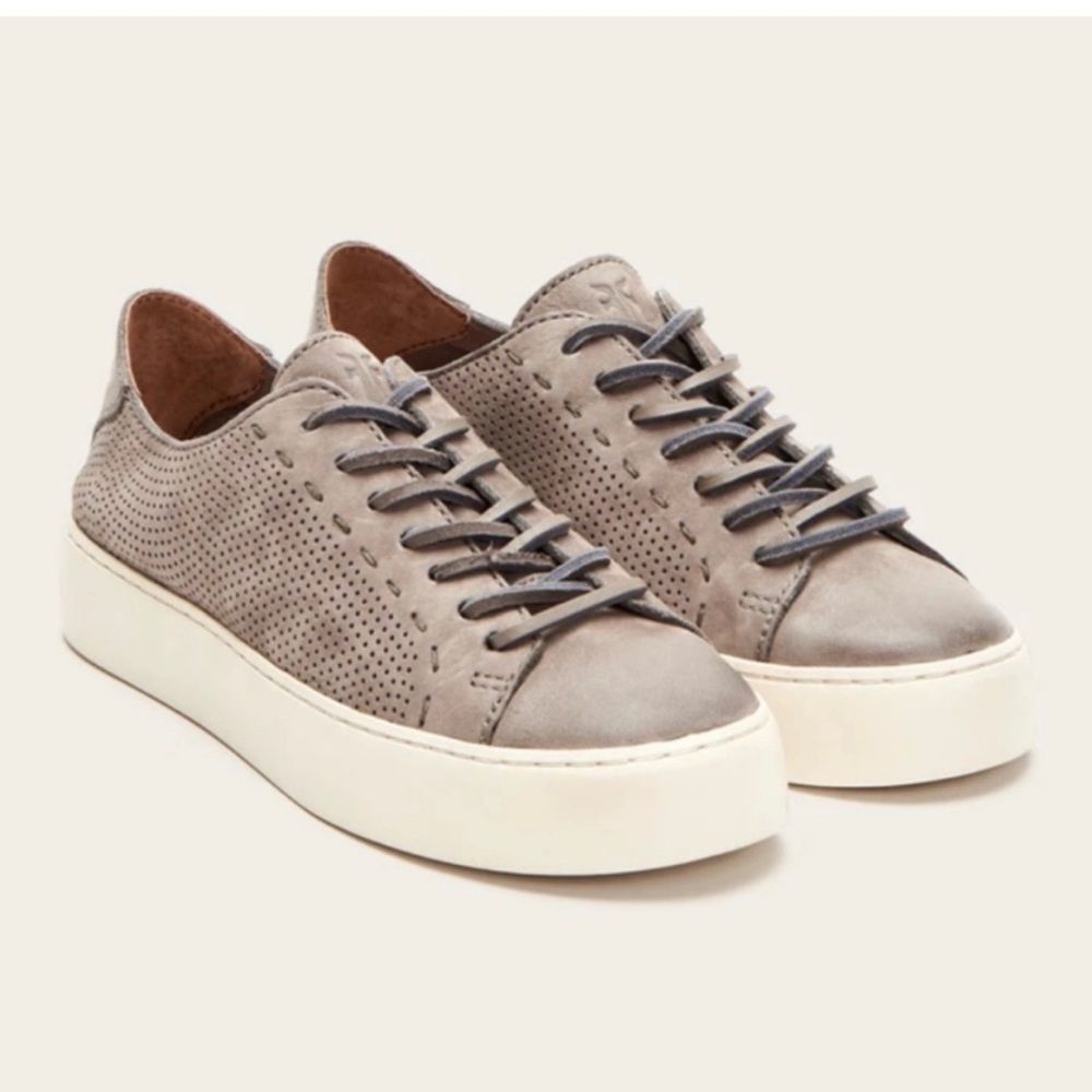 Frye Gray Lena Perforated Leather Sneakers in Taupe, Size 7